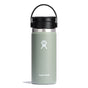 A 16 oz Wide Mouth Hydro Flask with black Flex Sip Lid™ features the logo in white on a light green bottle. Made for coffee and tea, it has TempShield double-wall vacuum insulation to keep drinks hot. The lid is securely attached, and the bottle stands upright against a plain white background.
