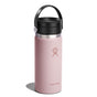 A pink 16 oz Hydro Flask Wide Mouth Bottle with a black Flex Sip Lid™ and handle, features a logo of a person with raised arms. It has TempShield double-wall insulation and is photographed upright against a white background with a slight shadow.