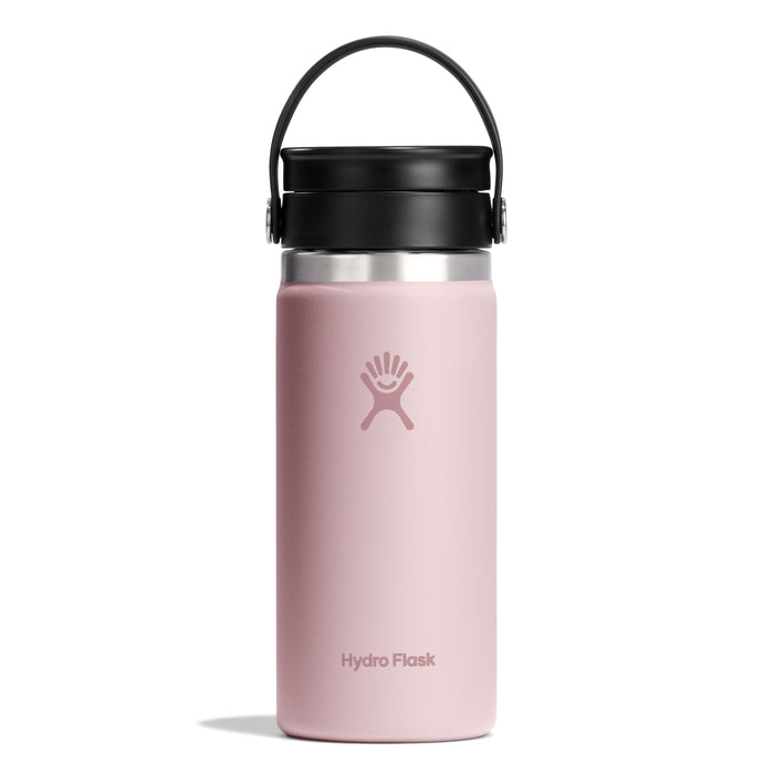 The pink Hydro Flask Wide Mouth Bottle with a black handle features TempShield double-wall insulation, a leakproof Flex Sip Lid™, and displays the white Hydro Flask logo on the front against a plain white background, ideal for coffee and tea. Capacity: 16 oz.