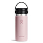 The pink Hydro Flask Wide Mouth Bottle with a black handle features TempShield double-wall insulation, a leakproof Flex Sip Lid™, and displays the white Hydro Flask logo on the front against a plain white background, ideal for coffee and tea. Capacity: 16 oz.