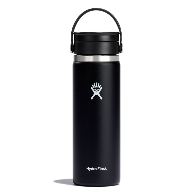 A Hydro Flask 20 oz Wide Mouth Bottle with Flex Sip Lid™ features black matte insulated stainless steel, TempShield double-wall insulation, a lid handle, and a white logo of a person with outstretched arms next to Hydro Flask.