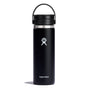 A Hydro Flask 20 oz Wide Mouth Bottle with Flex Sip Lid™ features black matte insulated stainless steel, TempShield double-wall insulation, a lid handle, and a white logo of a person with outstretched arms next to Hydro Flask.