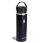 The Hydro Flask Wide Mouth Bottle with Flex Sip Lid™, designed for coffee and tea, is a black insulated stainless steel bottle with TempShield double-wall insulation. It features a lid handle and a white logo of a person with outstretched arms, ensuring your drink stays perfectly tempered and leakproof.