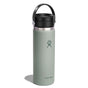 The Hydro Flask Wide Mouth Bottle, designed for coffee and tea, is an insulated 20 oz stainless steel bottle in light green. It features TempShield double-wall insulation, a black Flex Sip Lid with a carrying handle, and showcases a white logo with a stylized figure near the bottom.