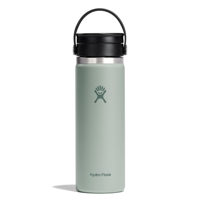 The green Hydro Flask Wide Mouth Bottle with Flex Sip Lid™ (20 oz) features a matte finish, stainless steel construction, and a black lid/handle. The brand logo is on the front. TempShield double-wall insulation ensures leakproof performance, keeping beverages hot or cold for convenience.