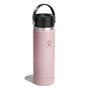 A Hydro Flask Wide Mouth Bottle, in pink with a black Flex Sip Lid™ and silver hinge, stands upright showcasing its logo. This 20 oz insulated stainless steel bottle features TempShield double-wall insulation for leakproof temperature control, perfect for coffee and tea.