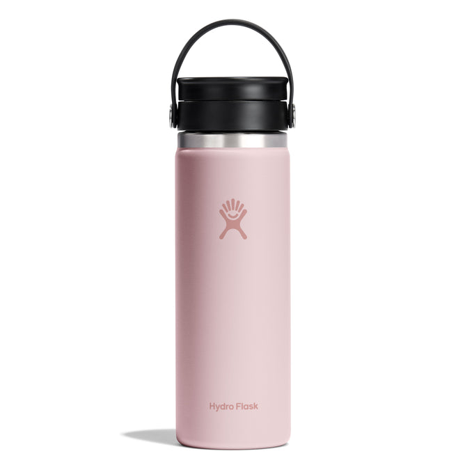 A Hydro Flask Wide Mouth Bottle with Flex Sip Lid™, designed for coffee and tea, stands on a white background. Its 20 oz, pink with a black lid and handle featuring the logo. The TempShield double-wall insulation keeps drinks at the perfect temperature.