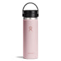 A Hydro Flask Wide Mouth Bottle with Flex Sip Lid™, designed for coffee and tea, stands on a white background. Its 20 oz, pink with a black lid and handle featuring the logo. The TempShield double-wall insulation keeps drinks at the perfect temperature.
