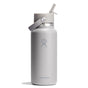 The Hydro Flask Wide Mouth Bottle, 32 oz, is white with double-wall insulation, a gray lid and handle. It includes a flip straw for leakproof use and features the Hydro Flask logo.