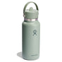 A Hydro Flask Wide Mouth Bottle, 32 oz, in light green, features double-wall insulation, a sturdy handle, leakproof straw cap with flip-top lid, and a small graphic logo on the front.