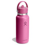 A Hydro Flask Wide Mouth Bottle with Flex Straw Cap, 32 oz, features TempShield insulation and a carrying handle on the lid adorned with a person logo. The words Hydro Flask appear near the base as it casts a shadow on the white background.