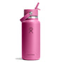 The pink 32 oz Hydro Flask Wide Mouth Bottle with Flex Straw Cap is leakproof and includes a side carrying strap. Its sleek matte finish and centered iconic logo make it an ideal adventure companion.