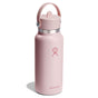 The Hydro Flask Wide Mouth Bottle with Flex Straw Cap, 32 oz features a pink matte finish, sturdy handle, stylish silver band near the lid, hand outline logo, double-wall insulation for cold drinks, and Hydro Flask text near the base.