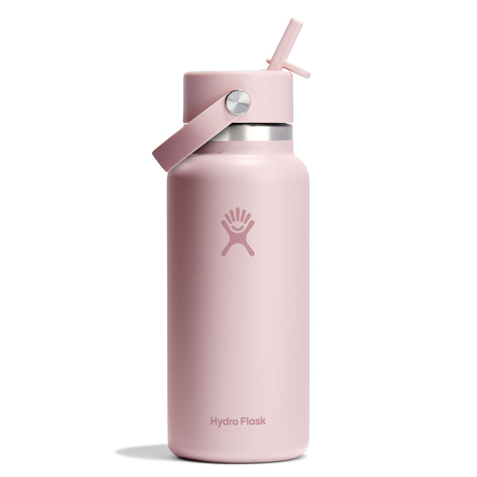 A pink, 32 oz Wide Mouth Hydro Flask with Flex Straw Cap and carrying handle, featuring the logo on the front, set against a plain white background.