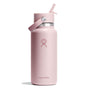 A pink, 32 oz Wide Mouth Hydro Flask with Flex Straw Cap and carrying handle, featuring the logo on the front, set against a plain white background.