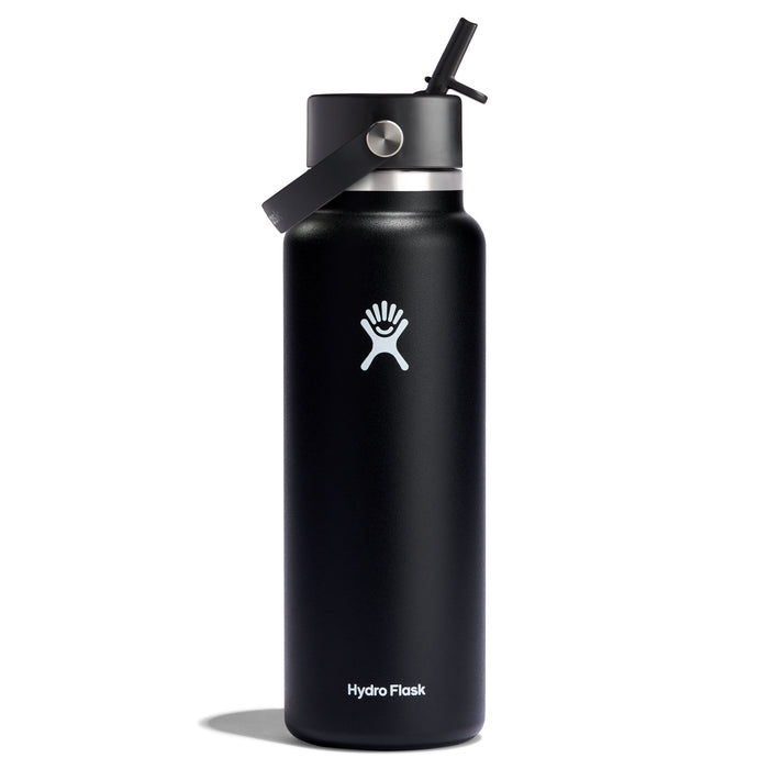 A sleek 40 oz Hydro Flask Wide Mouth Bottle with a Flex Straw Cap, showcasing the iconic logo, stands out against a white background.