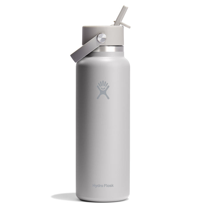 Silver Hydro Flask Wide Mouth Bottle with Flex Straw Cap (40 oz), featuring a handle on the lid, isolated on a white background.