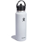 A Hydro Flask Wide Mouth Bottle, 40 oz, features a black lid with handle and a stylized hand logo. Hydra Flask appears near the base. Its sleek design casts a shadow on a white background, combining style and function effortlessly.