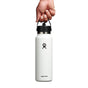 A hand holds a sleek white Hydro Flask Wide Mouth Bottle with a Flex Straw Cap, 40 oz, and a black lid against a plain white background. The bottle showcases the iconic black Hydro Flask logo for easy sipping on the go.