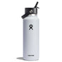 The Hydro Flask Wide Mouth Bottle with Flex Straw Cap, 40 oz, features a black Flex Straw Cap with a flexible straw and an attached carrying loop. The white bottle displays the Hydro Flask logo, a hand silhouette, and casts a shadow against a white background.
