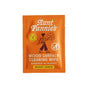 An orange packet labeled “Aunt Fannie's Wood Surface Cleaning Wipe - Sample.” The packaging features a no-wax formula, icons, and an image of a person holding a large lemon slice.