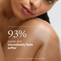 A close-up of a woman's face and shoulder with smooth skin. Text: 93% agree skin immediately feels softer* with Weleda Skin Food Body Wash, based on a study of 40 subjects after one use.
