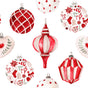 Sew Your Own Set of 10 gift bags - Candy Cane Baubles by Waste Free Celebrations features a seamless watercolor pattern of red, white, and beige ornaments—round, heart, and geometric shapes—perfect for festive holiday projects.