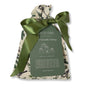 The Set of 5 Reusable Gift Bags - Natural Noel Birdlife by Waste Free Celebrations features green satin ribbons, nature prints, and a green label with sizes and contents. Made from 100% cotton in Afghanistan for a sustainable choice.