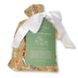 The Set of 5 Reusable Gift Bags - Pooches Christmas by Waste Free Celebrations features cotton drawstring bags with a white satin ribbon, animal print, tag, and size label. Made in Afghanistan, these are sustainable gift wrap options.