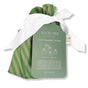 The Set of 5 Reusable Gift Bags - Green Stripes by Waste Free Celebrations features stylish green-striped 100% cotton bags, complete with white ribbons—a sustainable, reusable gift wrap made in Afghanistan.