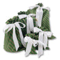The Set of 5 Reusable Gift Bags - Green Stripes from Waste Free Celebrations features stylish, sustainable green-striped bags with white satin ribbons—a chic eco-friendly gift wrap option.