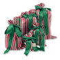 The Waste Free Celebrations Set of 5 Reusable Gift Bags—featuring red, white, and green stripes with green satin ribbons—offers a sustainable alternative to traditional wrapping.
