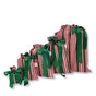 The Set of 5 Reusable Gift Bags - Traditional Stripes by Waste Free Celebrations features red, white, and green cotton bags with green ribbons—durable, stylish, and sustainable options for your gift-giving needs.