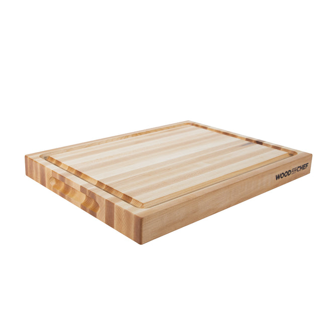 The Classic Wood Butcher Block - 100% FSC Certified by WoodForChef is a rectangular, edge-grain board with a grooved edge, light and medium wood tones, and "WoodForChef" engraved on one side, displayed on a white background.