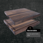 Two thick, rectangular WoodForChef Classic Wood Butcher Blocks, made from 100% FSC-certified hardwood with dark and light stripes, are stacked on a textured dark background. The label notes they’re reversible for use on both sides.