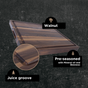 The WoodForChef Classic Wood Butcher Block - 100% FSC Certified features edge-grain hardwood in dark and light stripes, a juice groove, and comes pre-seasoned with mineral oil and beeswax. Shown on a textured dark gray background.