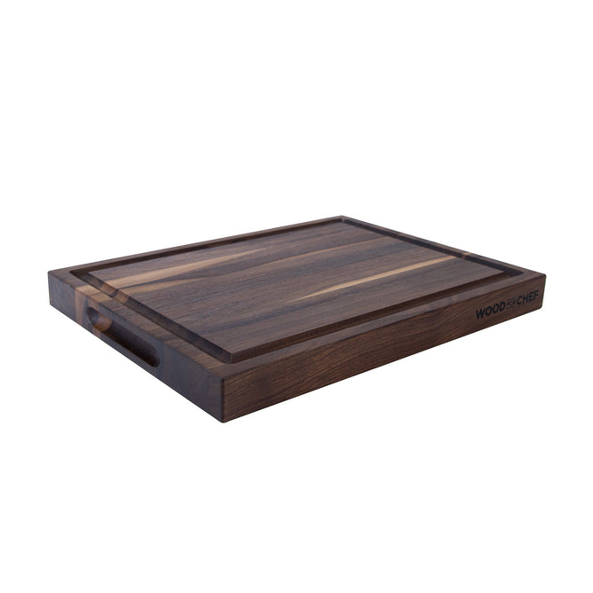 The Classic Wood Butcher Block by WoodForChef is a rectangular, edge-grain cutting board with deep juice grooves, side hand grips, a dark FSC-certified hardwood finish, and the WoodForChef logo engraved on one corner.