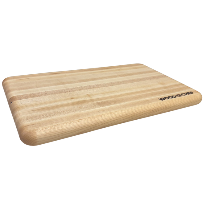 The Mizu Minimalist Chopping Board by WoodForChef is a rectangular board with rounded edges, light wood grain, and the brand engraved in one corner, crafted from 100% FSC-certified wood.