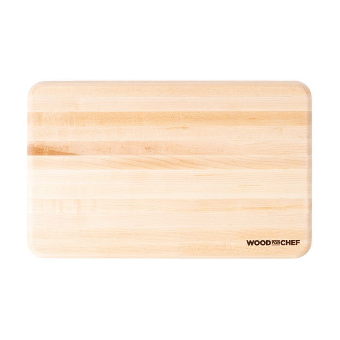 The Mizu Minimalist Chopping Board by WoodForChef is made from 100% FSC Certified Maple wood and features a rectangular shape, rounded edges, a smooth light grain surface, and the WoodForChef logo in the lower right corner.
