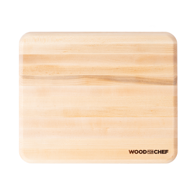 The Mizu Minimalist Chopping Board by WoodForChef is a rectangular, light maple board with rounded corners, "WOOD FOR CHEF" printed in black at the bottom right. Its smooth, natural surface suits any kitchen or works as a stylish butcher block. 100% FSC Certified.