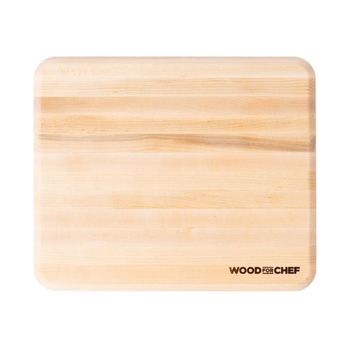 The Mizu Minimalist Chopping Board by WoodForChef is a rectangular, light maple board with rounded corners, "WOOD FOR CHEF" printed in black at the bottom right. Its smooth, natural surface suits any kitchen or works as a stylish butcher block. 100% FSC Certified.