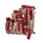 Four Waste Free Celebrations’ Desert Flower reusable gift bags, varying from small to large and adorned with tags, are tied with red satin ribbons. These eco-friendly fabric bags provide a sustainable alternative to paper options and rest elegantly against a plain white background.