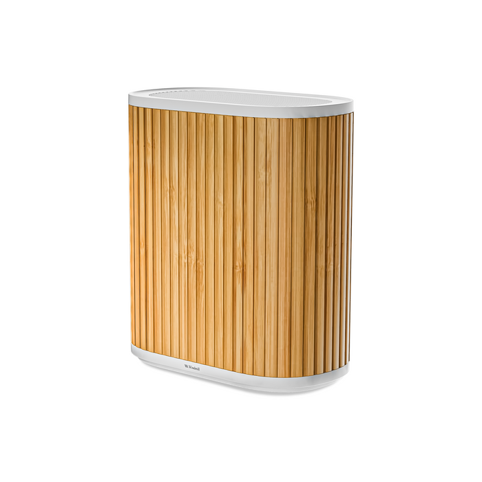 The Windmill Air Purifier Max by Windmill Air is a rectangular device with a white top and bottom, surrounded by vertical wooden slats. It features an advanced HEPA filter to improve indoor air quality and is shown against a plain white background.