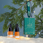 Two small amber bottles, Peptide Serum and Organic Face Oil from UpCircles Winter Glow Duo, rest on snow next to a green gift box hanging from a pine branch—a sustainable holiday gift idea with wintry charm.