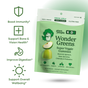 A green pouch of Plant People WonderGreens Kids Veggie Gummies, with icons and text showing benefits: boosts immunity, supports bone & vision health, aids digestion—tasty super greens gummies for kids’ overall wellbeing.