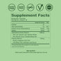 The Supplement Facts label for Plant People’s WonderGreens Veggie Gummies highlights calories, vitamins, and ingredients. Icons show sugar free, gluten free, GMO free, and GMP certified on a light green background to showcase these tasty veggie gummies.