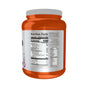 A large orange NOW Foods Whey Protein Isolate Vanilla container with a white lid shows the nutrition facts and ingredients label. Each serving provides 120 calories and high-quality whey protein isolate.