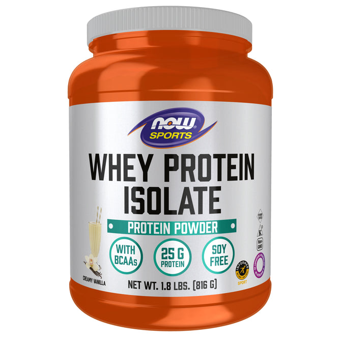 NOW Foods Whey Protein Isolate Vanilla offers 25g high-quality protein per serving, includes BCAAs, is soy free, and comes with various certification logos.