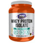 NOW Foods Whey Protein Isolate Vanilla offers 25g high-quality protein per serving, includes BCAAs, is soy free, and comes with various certification logos.