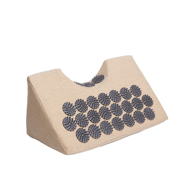 The WTHN Acupressure Neck Wedge is a beige, triangular device with a neck groove and rows of gray spike pads, designed to provide cervical extension and neck tension relief during massage or therapy.
